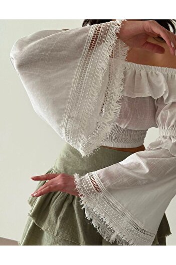 MODA Γυναικεία μπλούζα με δαντέλα με λεπτομέρεια με ελαστική μέση