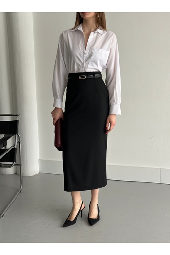 Laluvia Black Belted Pencil Skirt - 1232