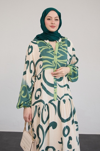 InStyle Patterned Viscose Green Dress with Placket Front
