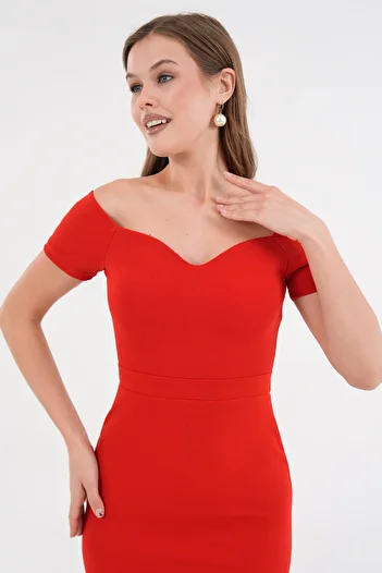 WOMAN VISION Women's Red Crepe Fabric Heart Neck Off Shoulder Detailed Tail Detail Maxi Dress 582988