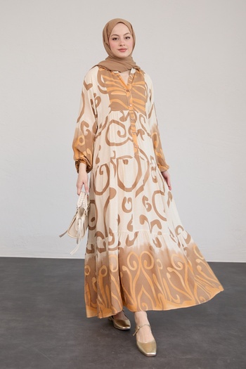 InStyle Patterned Viscose Brown Dress with Placket Front