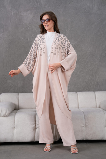 Miss Allos Women's Leopard Patterned Stone Embroidered Linen Kimono and Trousers Bottom Top Set