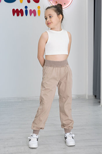 Cansın Mini Beige Girl's Pants with Ribbed Waist and Legs 20479