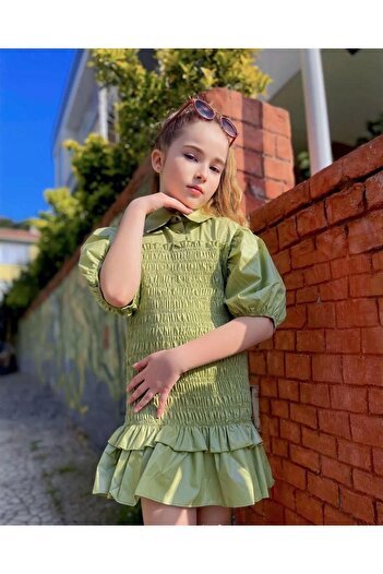 Hilal Akıncı Kids Kız Çocuk Balon Kollu Gipe Beden Fırfırlı Elbise