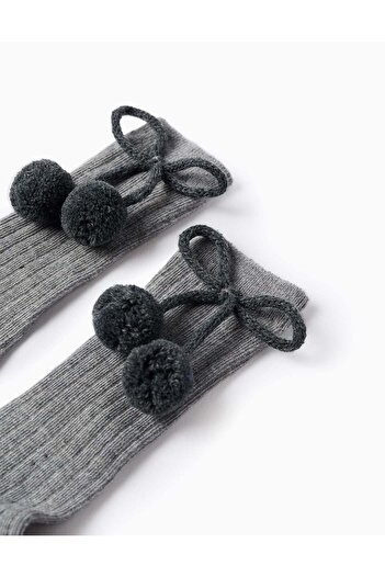 Ziddy High Socks with Pompons for Baby Girls, Grey