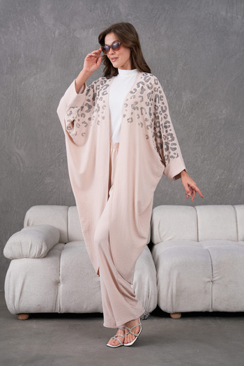 Miss Allos Women's Leopard Patterned Stone Embroidered Linen Kimono and Trousers Bottom Top Set
