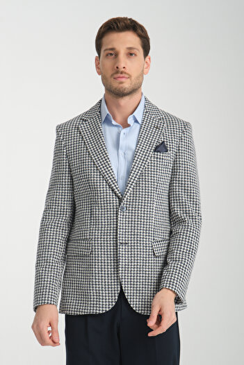 Frappoli Remos Men's Navy Blue Houndstooth Patterned Stretching Fabric Mono Collar Sports Blazer Jacket