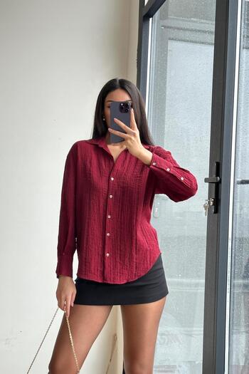 Mixray 4642 Women's Epaulette Detailed Crocheted Shirt Burgundy