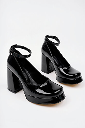 meyra'nın ayakkabıları Women's Black Patent Leather Plain Side Closed Platform Heeled Shoes