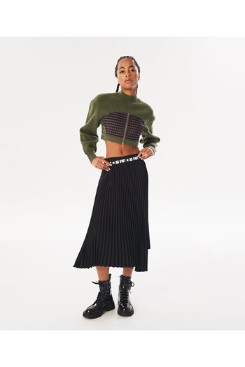 Twist Asymmetric Cut Midi Pleated Skirt