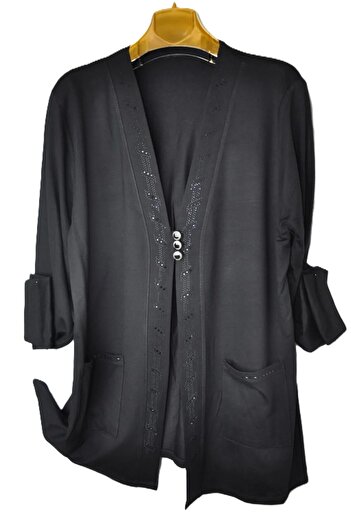 elma abone Short Jewelled Large Size Combed Cotton Cardigan