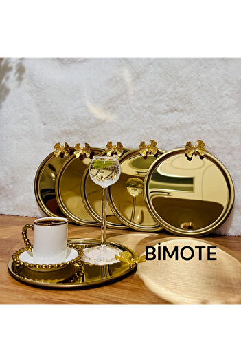 BİMOTE Set of 6 Stainless Steel 21.cm Round Tea, Coffee, Pastry Serving Tray Decorative Presentation Tray