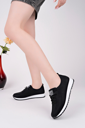 meyra'nın ayakkabıları Women's Black Denim Colored Rubber Lace-Up Orthopedic Sole Ballerinas