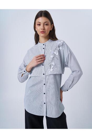 Kayra Blue Cotton Tunic Appliqued Stripe Pattern