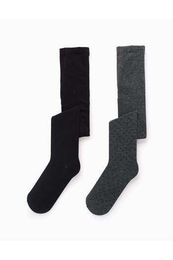 Ziddy Pack of 2 Tights Plain/Rhombus for Girls, Grey/Black