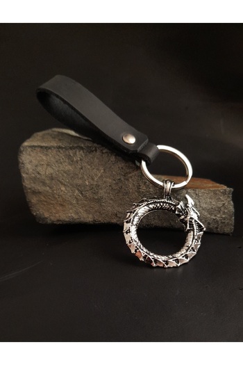 BSN Store Premium Black Real Leather Key Chain with Nordic Self-Eating Snake Dragon Figure