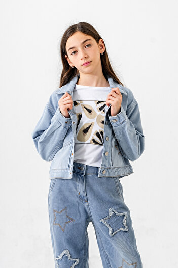 GİYİCEM TEKSTİL Girl's Embroidered Denim Jacket 1550