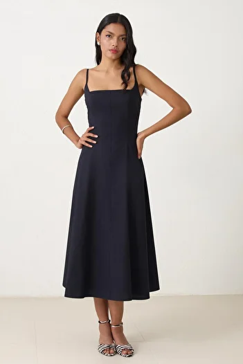 Setre Black 100% Cotton Strap Waist Fitted Midi Length Relaxed Cut Dress