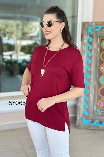 İnce Topuk Crew Neck Slit Viscose Tshirt 5Y065
