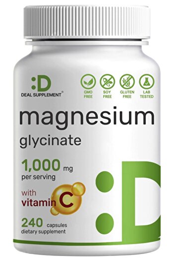 DEAL SUPPLEMENT Magnesium Glycinate 500mg, 1000mg with Vitamin C, 240 Caps - Chelated for Absorption