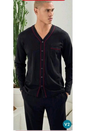 KLY Men's V-Collar Boydan Buttoned Large Size Pajama Set