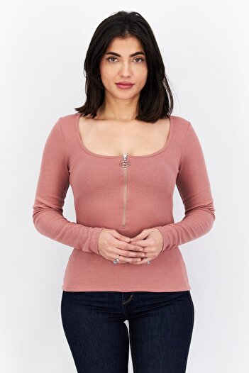 NA-KD Women Scoop Neck Long Sleeves Plain Blouse, Dusty Pink