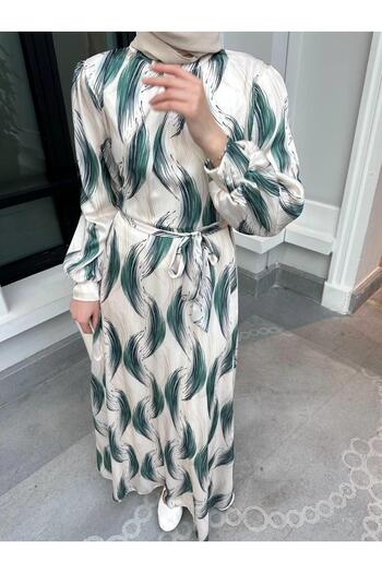 Cardella Patterned Cream Satin Dress Tesetür Compatible Lined Satin Dress