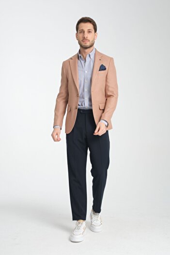 Frappoli Fevuall Men's Beige Diagonal Pattern Oversize Oversize Mono Collar Slim Fit Blazer Sports Jacket