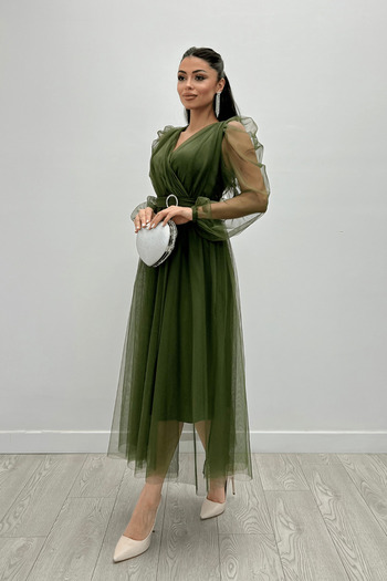 giyimmasalı Double Breasted Collar Tulle Dress with Stone Belt Detail - KHAKI GREEN