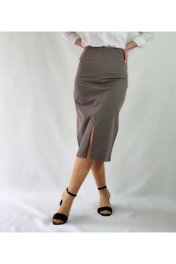 YAXİ Front Slit Midi Length Woven Khaki Skirt