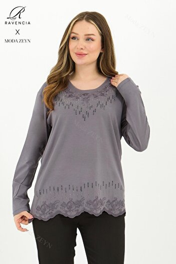 Ravencia Women's Middle Age and Above Viscose Drop Pattern Stone Embroidered Lycra Gray Mother Combed Cotton Blouse