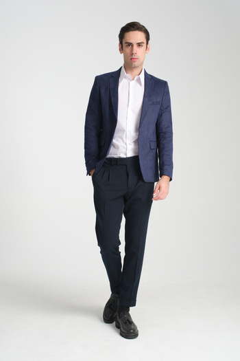 Frappoli Cencio Men's Light Navy Blue Diagonal Suede Slim Fit Mono Collar Sports Blazer Jacket
