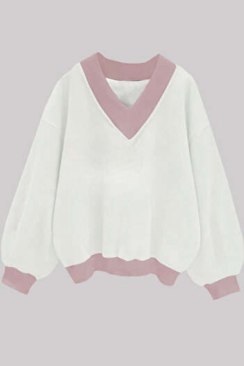 Know Dámská oversize mikina s 3 vlákny v bílé hladké V-neck