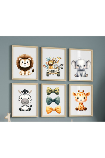 Hiras Dizayn Set of 6 Posters Safari Animals for Kids Room 3 Different Sizes Unframed Kids Room Decoration