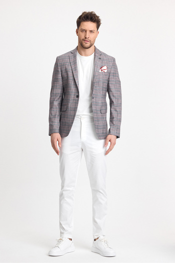 Frappoli Gasparov Ανδρικό Γκρι - Claret Red καρό Slim Fit Mono Blazer παλτό