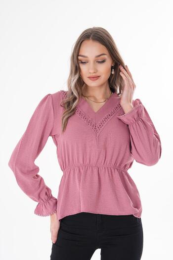 ŞİMAL Women's V-Neck Lace Detailed Blouse with Elasticized Sleeves and Waist 250196   -