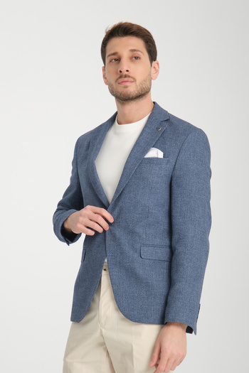 Frappoli Allegri Men's Navy Blue Mono Collar Slim Fit Patterned Blazer Jacket