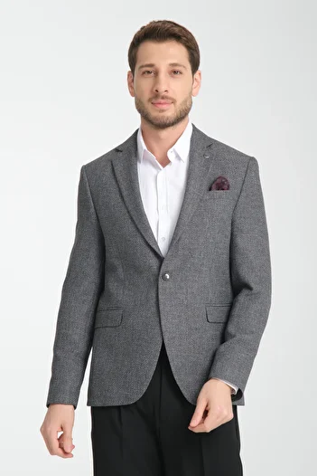 Frappoli Allegrie Men's Black Oversize Large Size Mono Collar Patterned Slim Fit Blazer Jacket