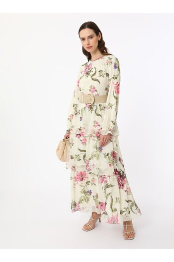Refka Floral Patterned Chiffon Dress with Fold Skirt - Patterned - Refka