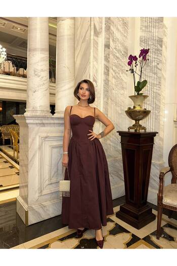 NEW JOURNAL Women's Brown Princess Collar Zippered Full Length Lined Chest Glove Dress Eley- 1000154310