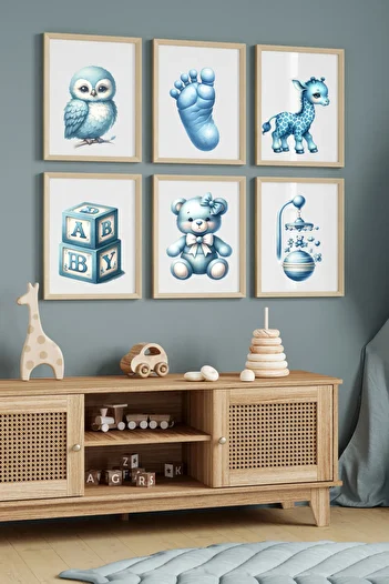 Hiras Dizayn Set of 6 Posters Cute Blue Teddy Bear in 3 Different Sizes for Children's Room Frameless Children's Room Decoration