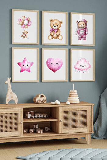 Hiras Dizayn Set of 6 Posters Children's Room Pink Teddy Bear Star 3 Different Sizes Frameless Children's Room Decoration