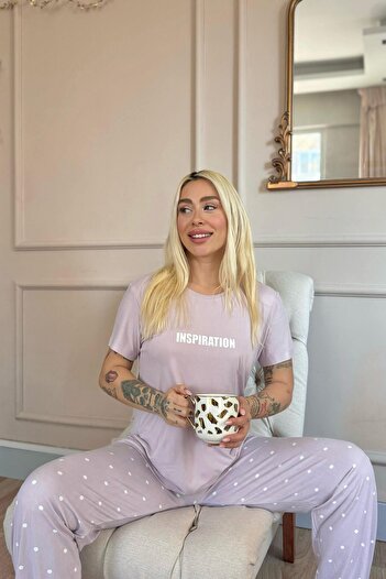 Pijamaevi Lilac Inspiration Patterned Bamboo Short Sleeve Women's Pajamas Set