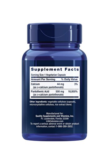 Life Extension Pantothenic Acid 500mg, Vitamin B5, Energy Support, Gluten-Free, Non-GMO, Vegetarian, 100 Capsules