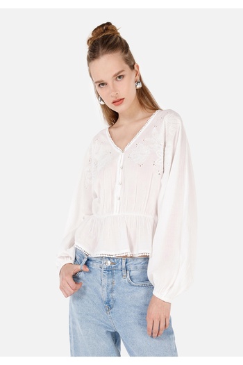Colin's Regular Fit V-Neck Plain Women's White Long Sleeve Shirt