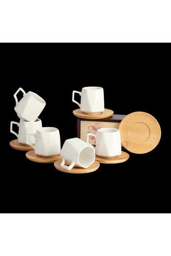 MİEN Mien 6 Personality Bamboo Saucer Cups Set-Porcelain Coffee Cup