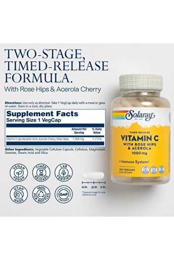 Solaray Vitamin C 1000mg Time Release w/Rose Hips & Acerola - Vegan, 100 Caps, 60-Day Guarantee