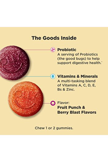 OLLY Kids Multivitamin & Probiotic Gummy, Digestive Support, Vitamins A, D, C, E, B, Zinc, Berry, 100ct