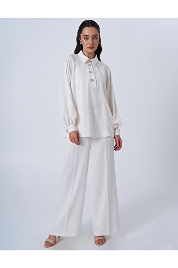 Kayra Shiny Buttoned Satin Blouse - Ecru Color