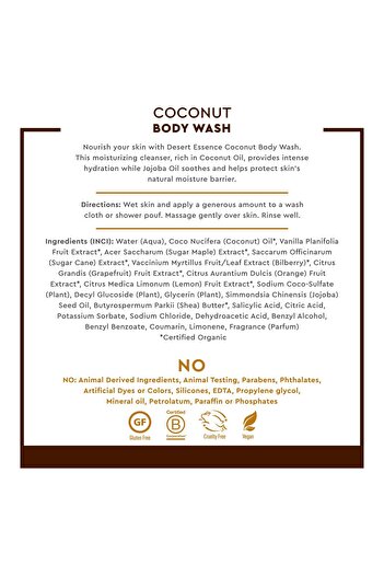 Desert Essence Coconut Body Wash with Jojoba Oil, Organic Coconut Oil, Shea Butter - Vegan, Cruelty-Free - 8 oz